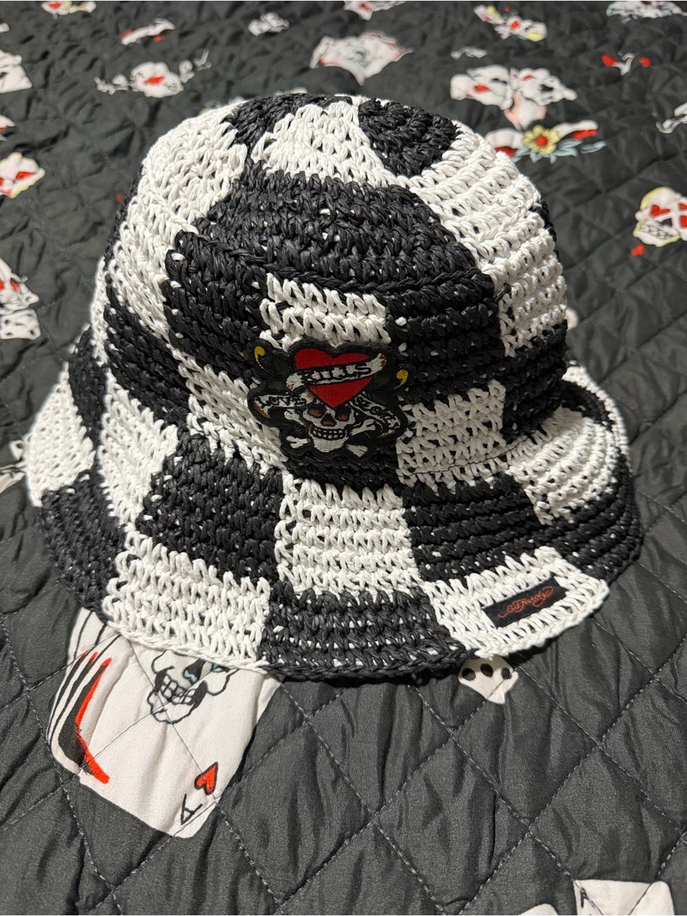 Ed Hardy Black and White Checker Crochet Bucket Hat with Skull Heart Patch